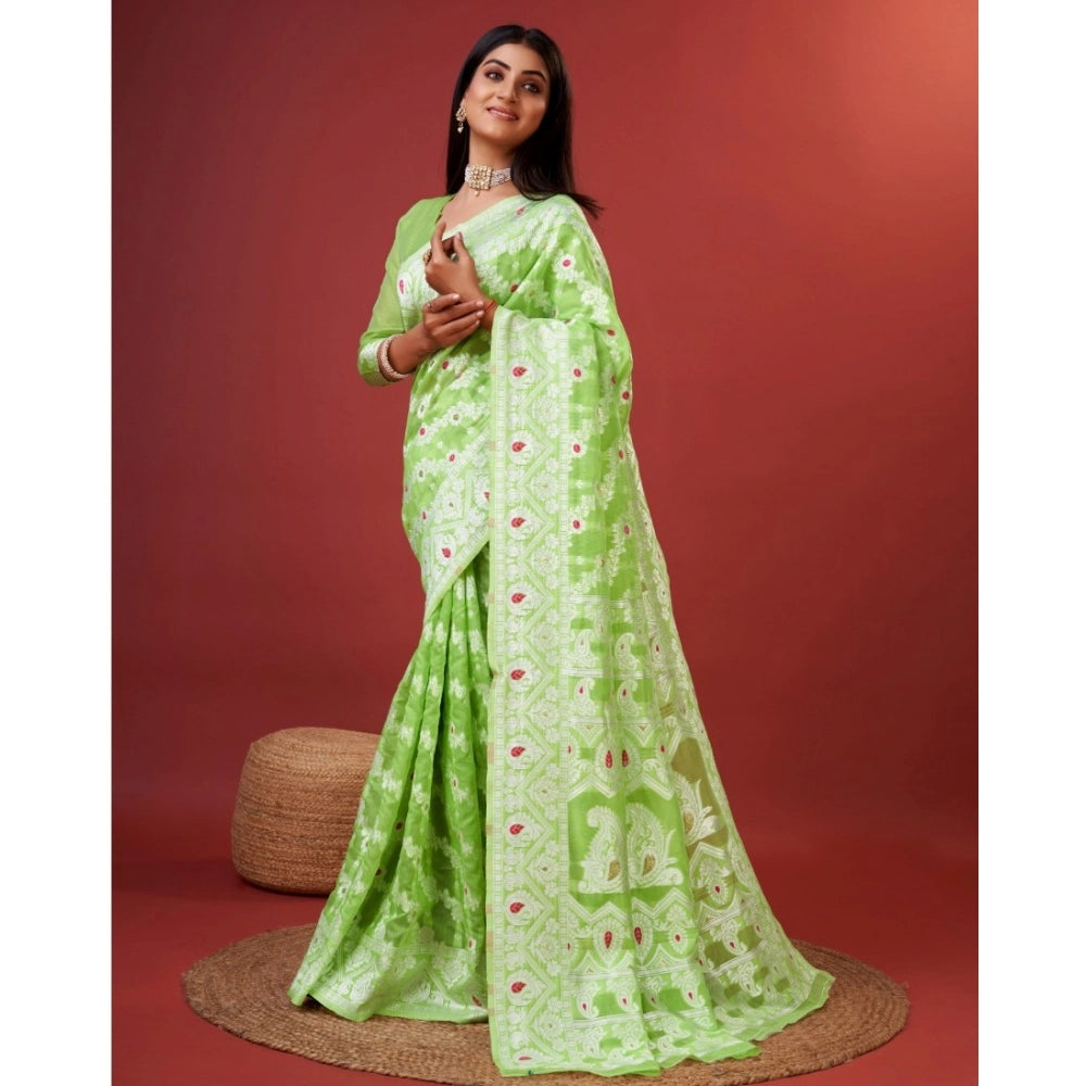 Snuggle Spot Women's Cotton Silk Printed Saree With Unstitched Blouse 5.5Mtr (Light Green)