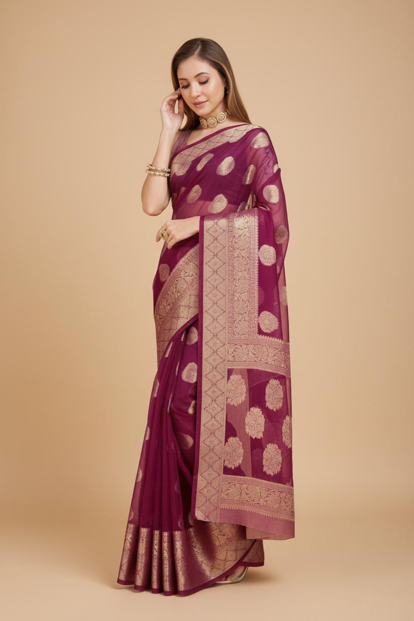 Snuggle Spot Women's Soft Organza Silk Weaving Design Saree With Unstitched Blouse 5.5Mtr (Wine)