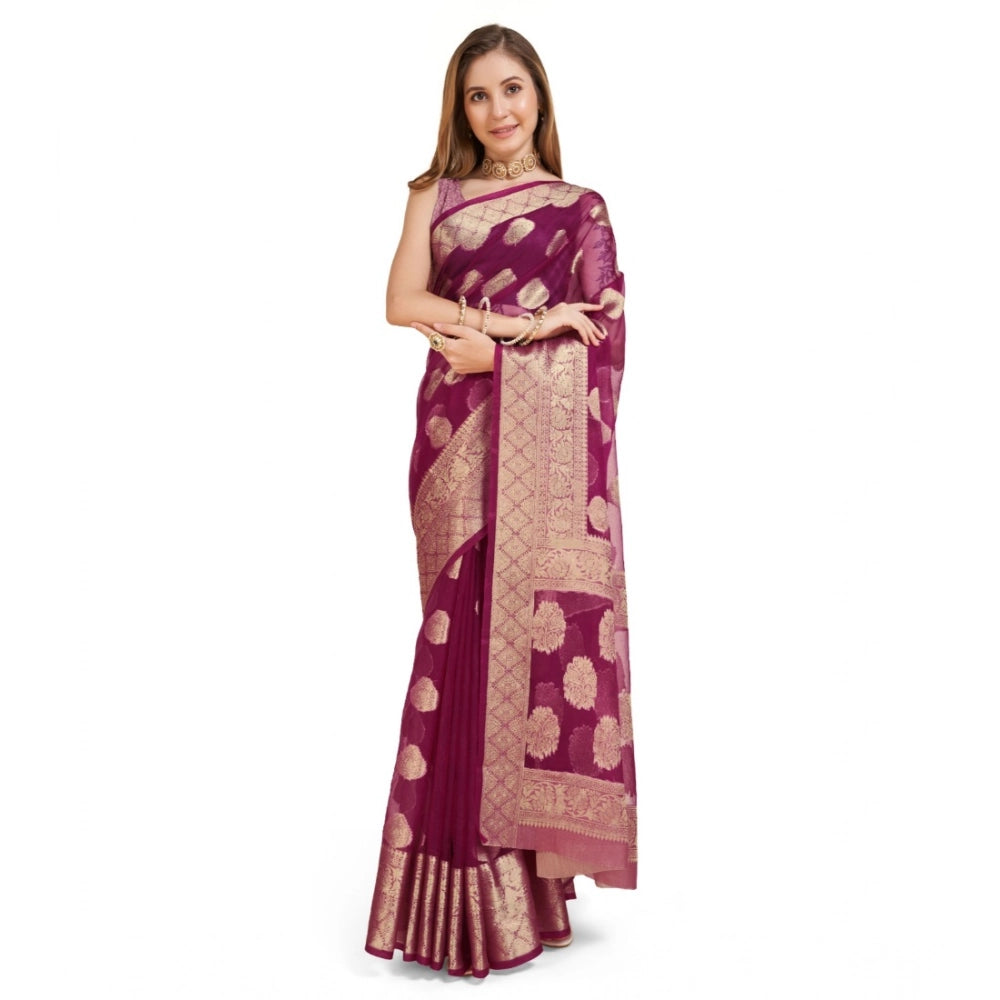 Snuggle Spot Women's Soft Organza Silk Weaving Design Saree With Unstitched Blouse 5.5Mtr (Wine)