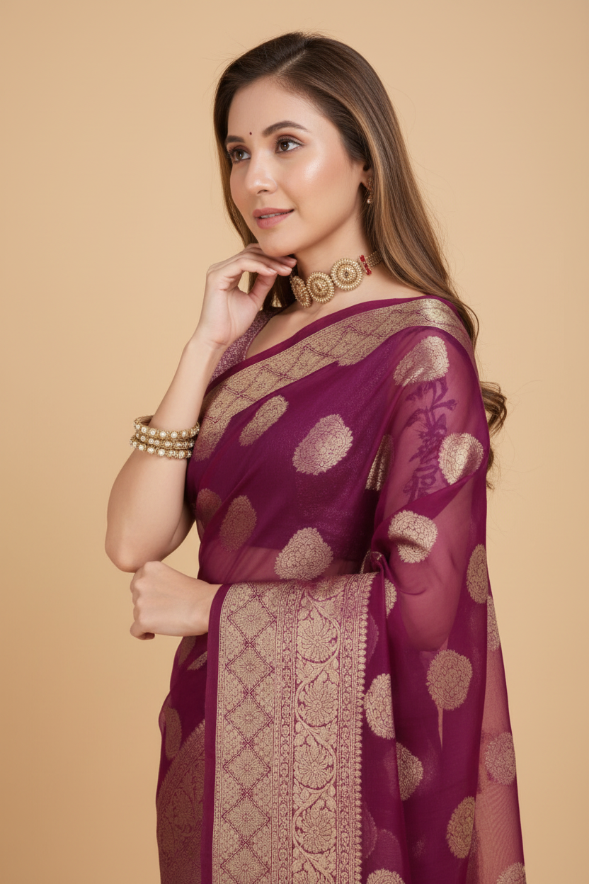 Snuggle Spot Women's Soft Organza Silk Weaving Design Saree With Unstitched Blouse 5.5Mtr (Wine)