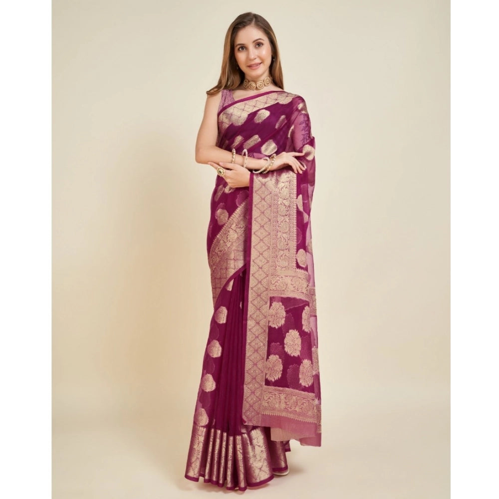 Snuggle Spot Women's Soft Organza Silk Weaving Design Saree With Unstitched Blouse 5.5Mtr (Wine)