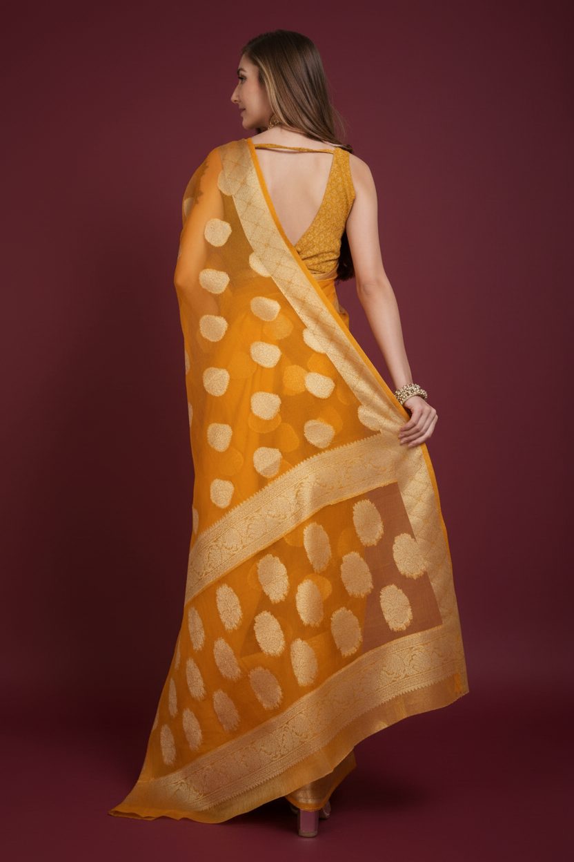 Snuggle Spot Women's Soft Organza Silk Weaving Design Saree With Unstitched Blouse 5.5Mtr (Yellow)