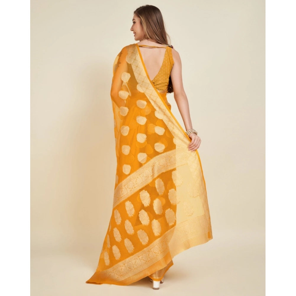 Snuggle Spot Women's Soft Organza Silk Weaving Design Saree With Unstitched Blouse 5.5Mtr (Yellow)