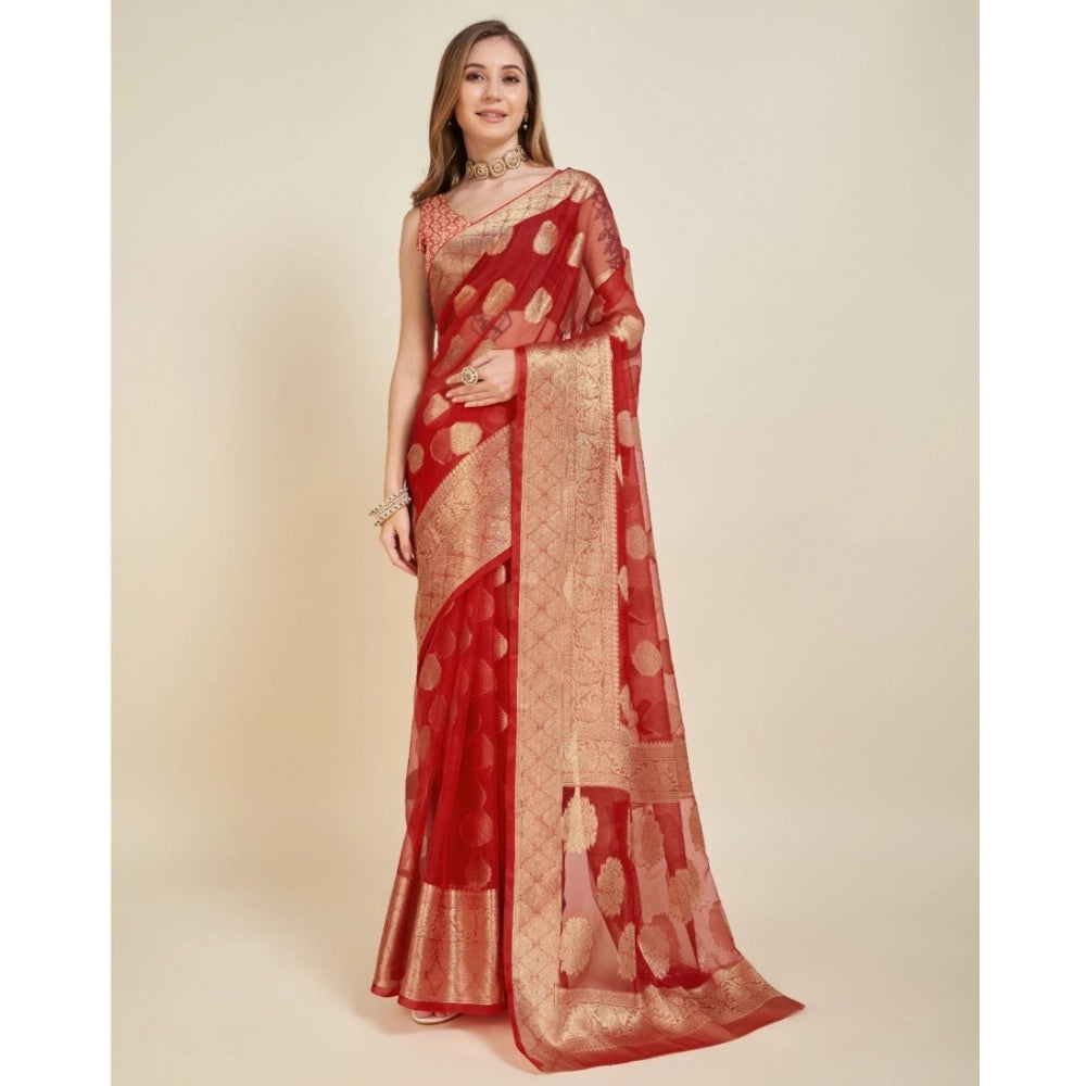 Snuggle Spot Women's Soft Organza Silk Weaving Design Saree With Unstitched Blouse 5.5Mtr (Red)