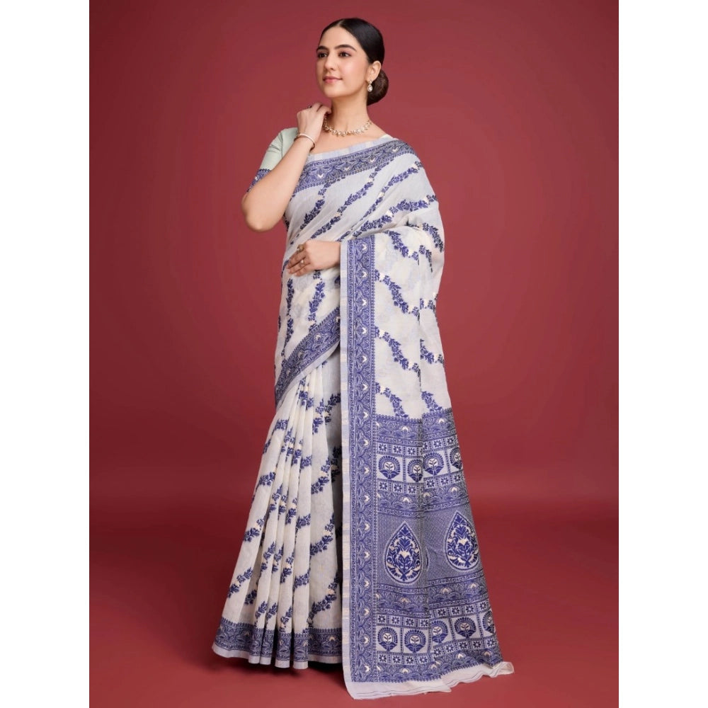Snuggle Spot Women's Jamdani Cotton Silk Printed Saree With Unstitched Blouse 5.5Mtr (Navy Blue)