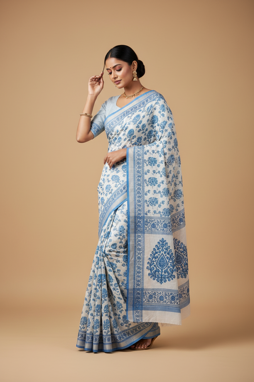 Snuggle Spot Women's Jamdani Cotton Silk Printed Saree With Unstitched Blouse 5.5Mtr (Navy Blue)