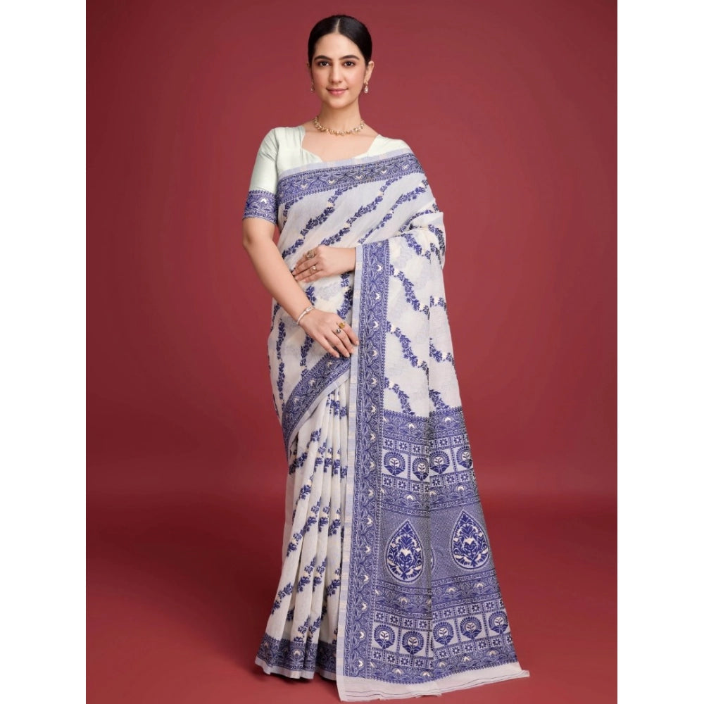 Snuggle Spot Women's Jamdani Cotton Silk Printed Saree With Unstitched Blouse 5.5Mtr (Navy Blue)