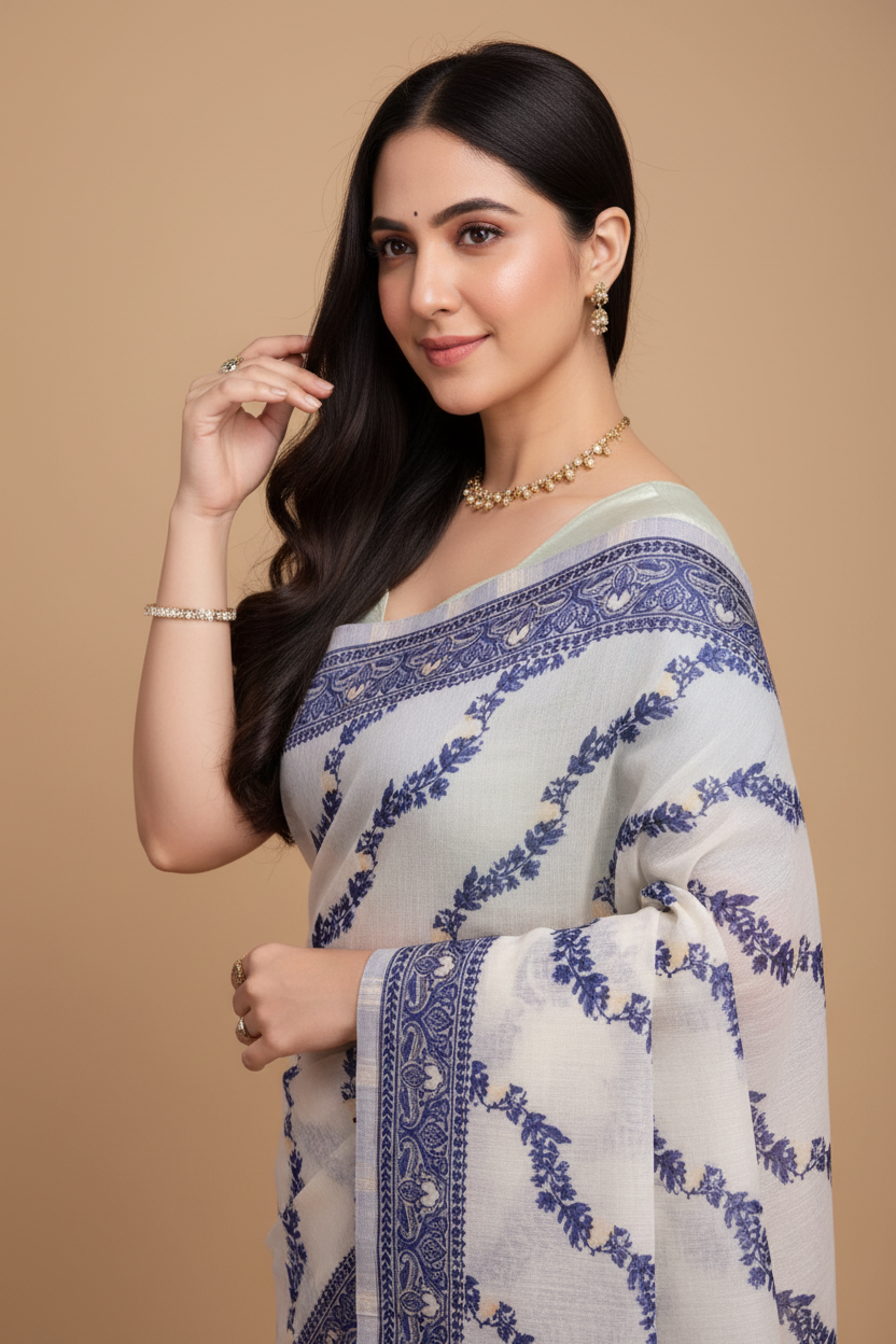 Snuggle Spot Women's Jamdani Cotton Silk Printed Saree With Unstitched Blouse 5.5Mtr (Navy Blue)