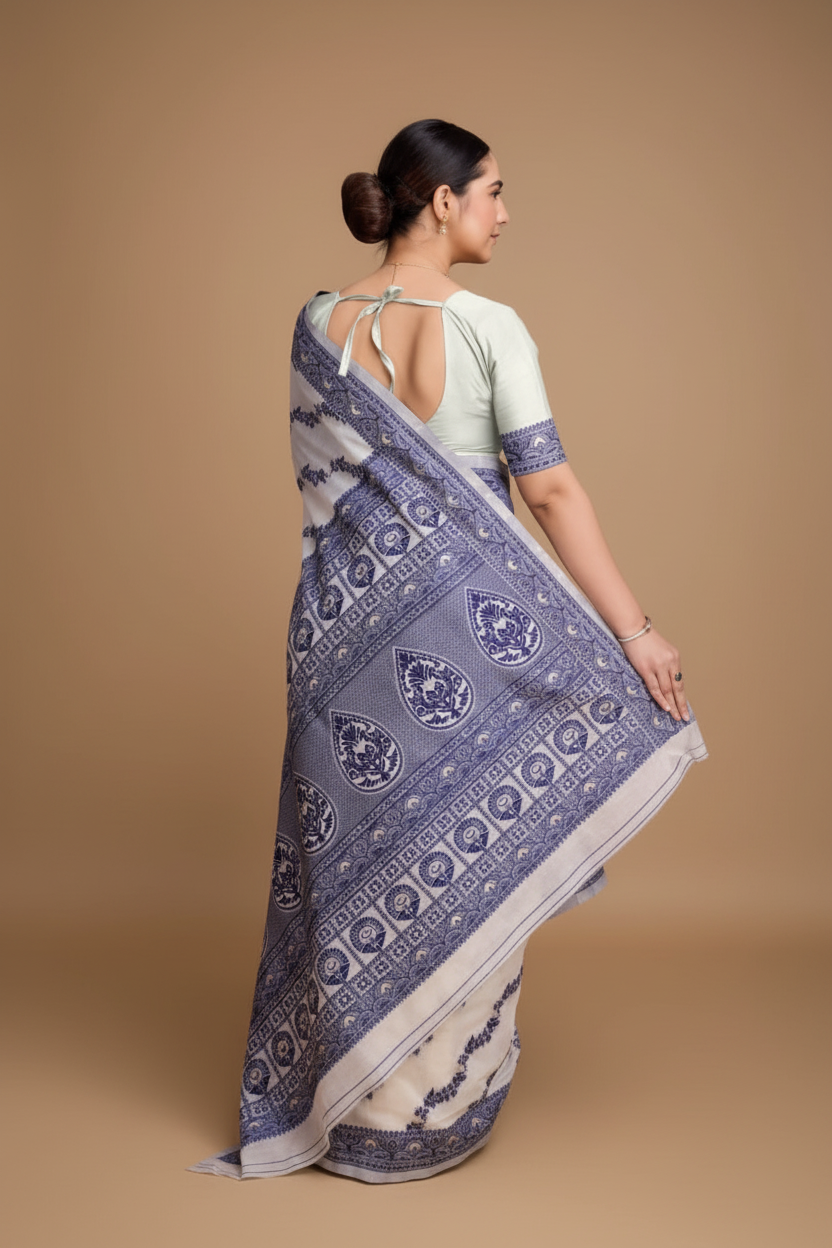 Snuggle Spot Women's Jamdani Cotton Silk Printed Saree With Unstitched Blouse 5.5Mtr (Navy Blue)