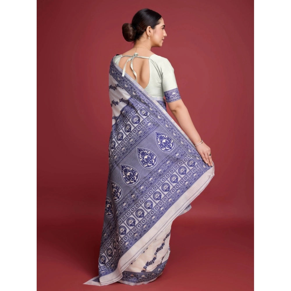 Snuggle Spot Women's Jamdani Cotton Silk Printed Saree With Unstitched Blouse 5.5Mtr (Navy Blue)