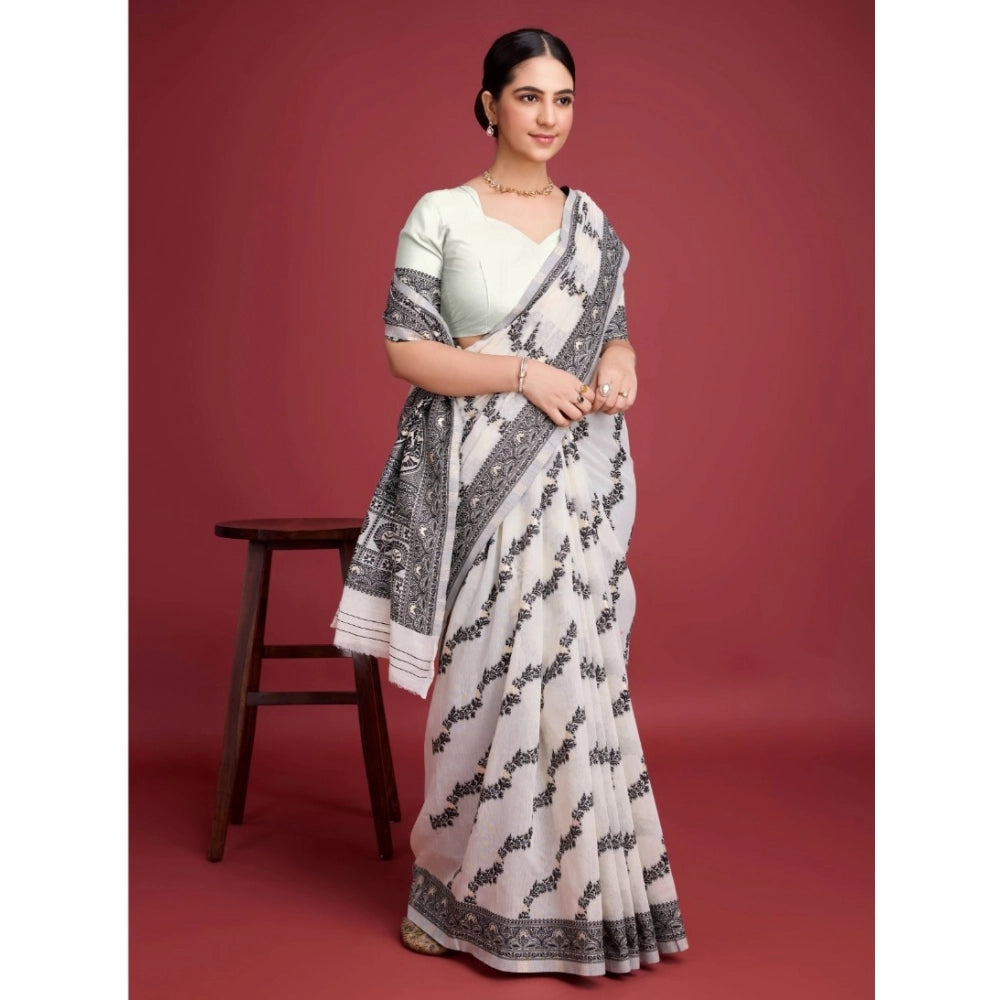Snuggle Spot Women's Jamdani Cotton Silk Printed Saree With Unstitched Blouse 5.5Mtr (Black)