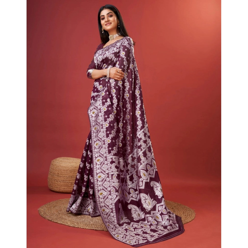 Snuggle Spot Women's Cotton Silk Printed Saree With Unstitched Blouse 5.5Mtr (Purple)