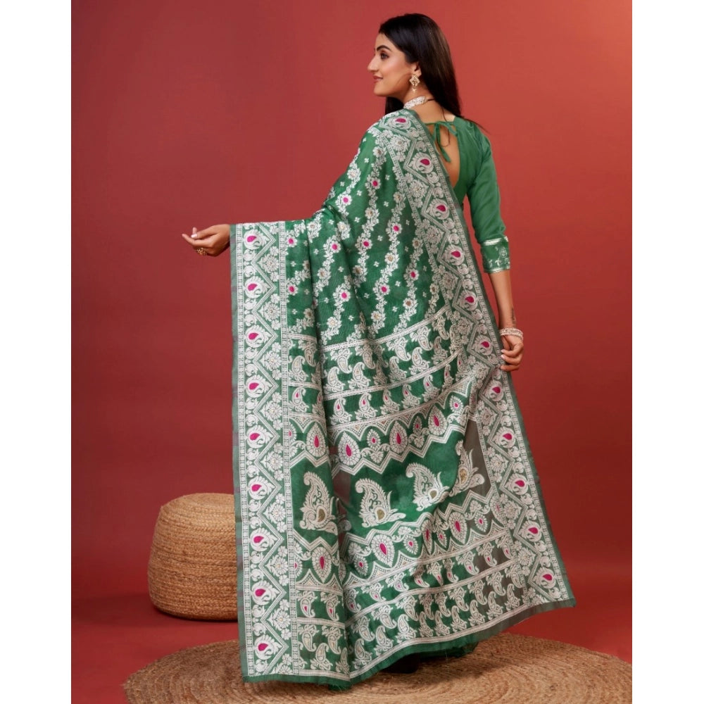 Snuggle Spot Women's Cotton Silk Printed Saree With Unstitched Blouse 5.5Mtr (Green)