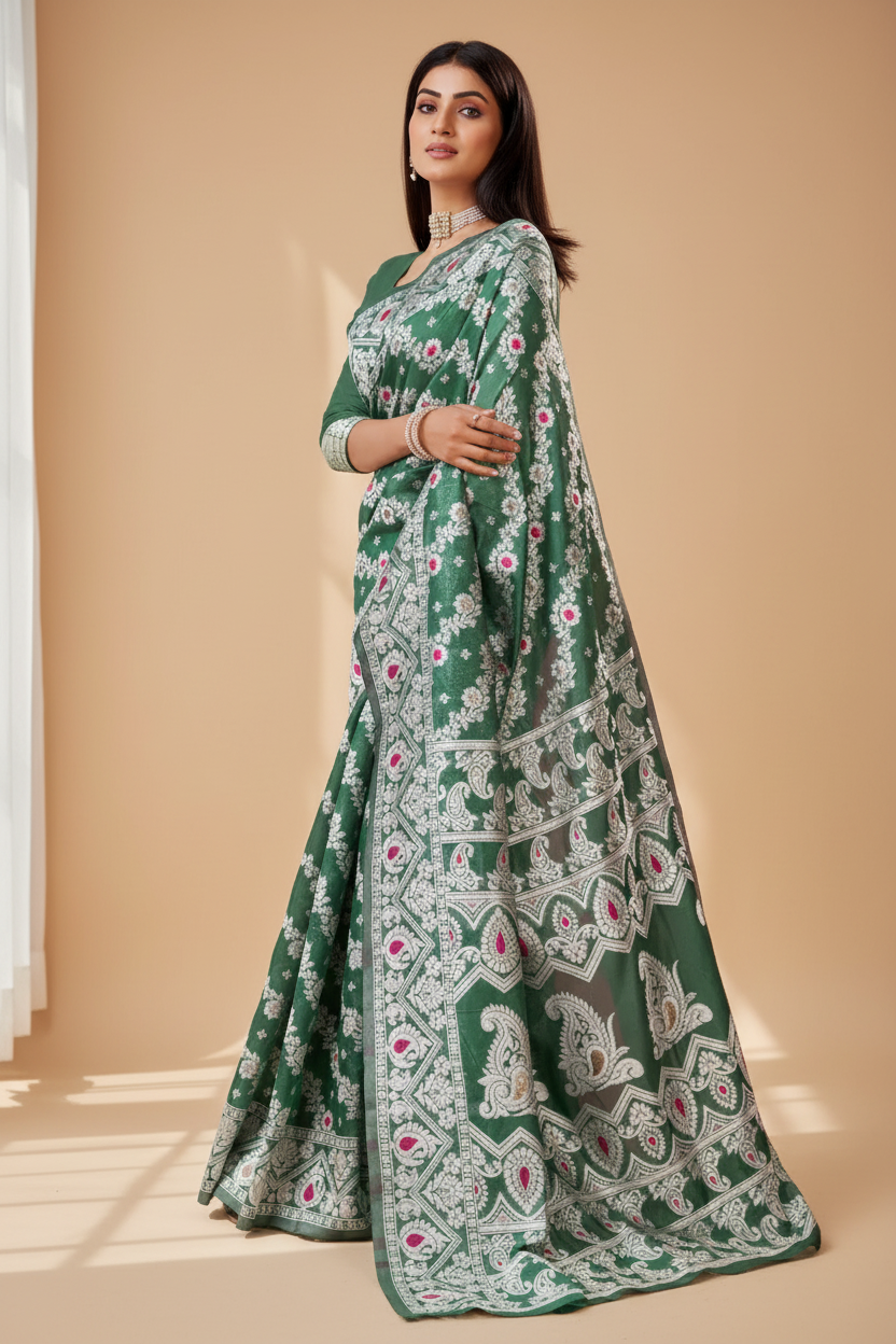 Snuggle Spot Women's Cotton Silk Printed Saree With Unstitched Blouse 5.5Mtr (Green)