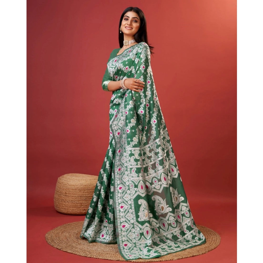 Snuggle Spot Women's Cotton Silk Printed Saree With Unstitched Blouse 5.5Mtr (Green)