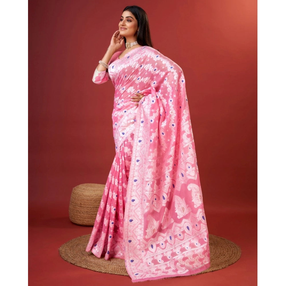 Snuggle Spot Women's Cotton Silk Printed Saree With Unstitched Blouse 5.5Mtr (Pink)