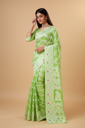Snuggle Spot Women's Cotton Silk Printed Saree With Unstitched Blouse 5.5Mtr (Light Green)