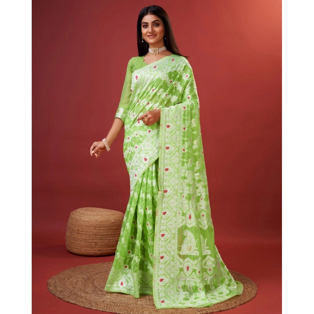 Snuggle Spot Women's Cotton Silk Printed Saree With Unstitched Blouse 5.5Mtr (Light Green)