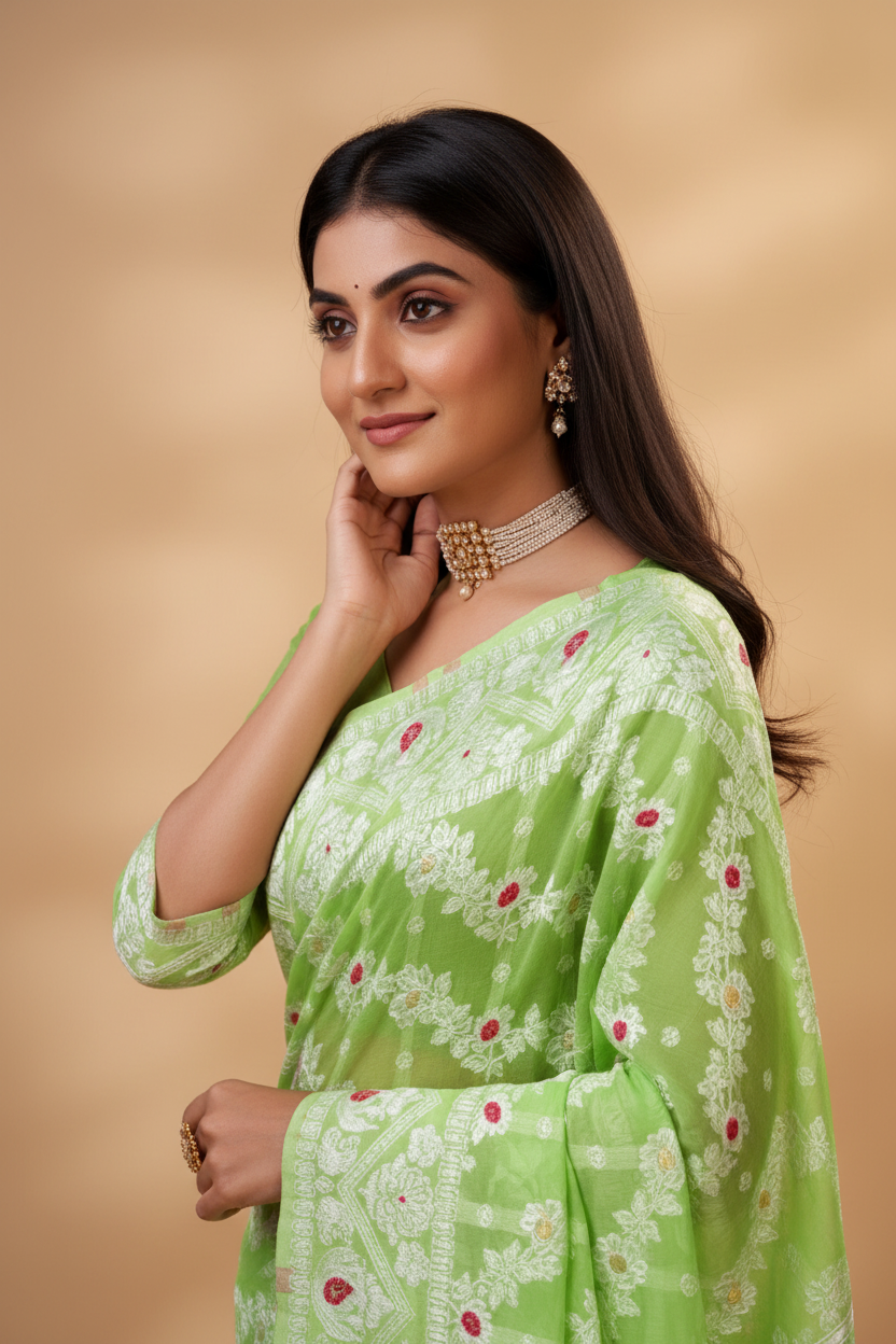 Snuggle Spot Women's Cotton Silk Printed Saree With Unstitched Blouse 5.5Mtr (Light Green)