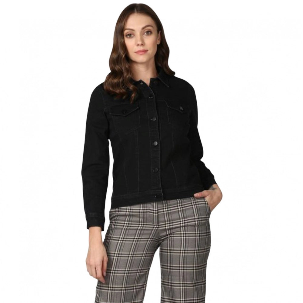 Snuggle Spot Women's Denim Solid Long Sleeve Jacket (Black)