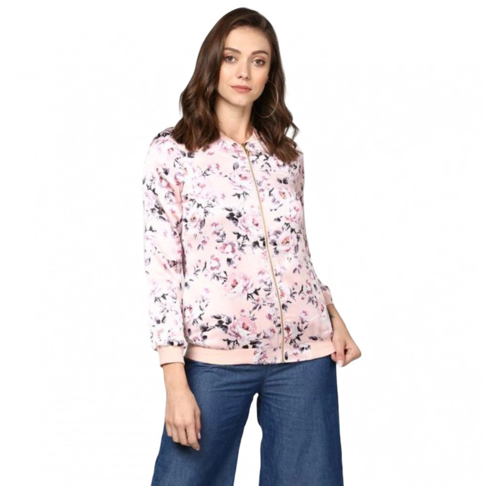 Snuggle Spot Women's Satin Floral 3/4th Sleeve Jacket (Light Pink)