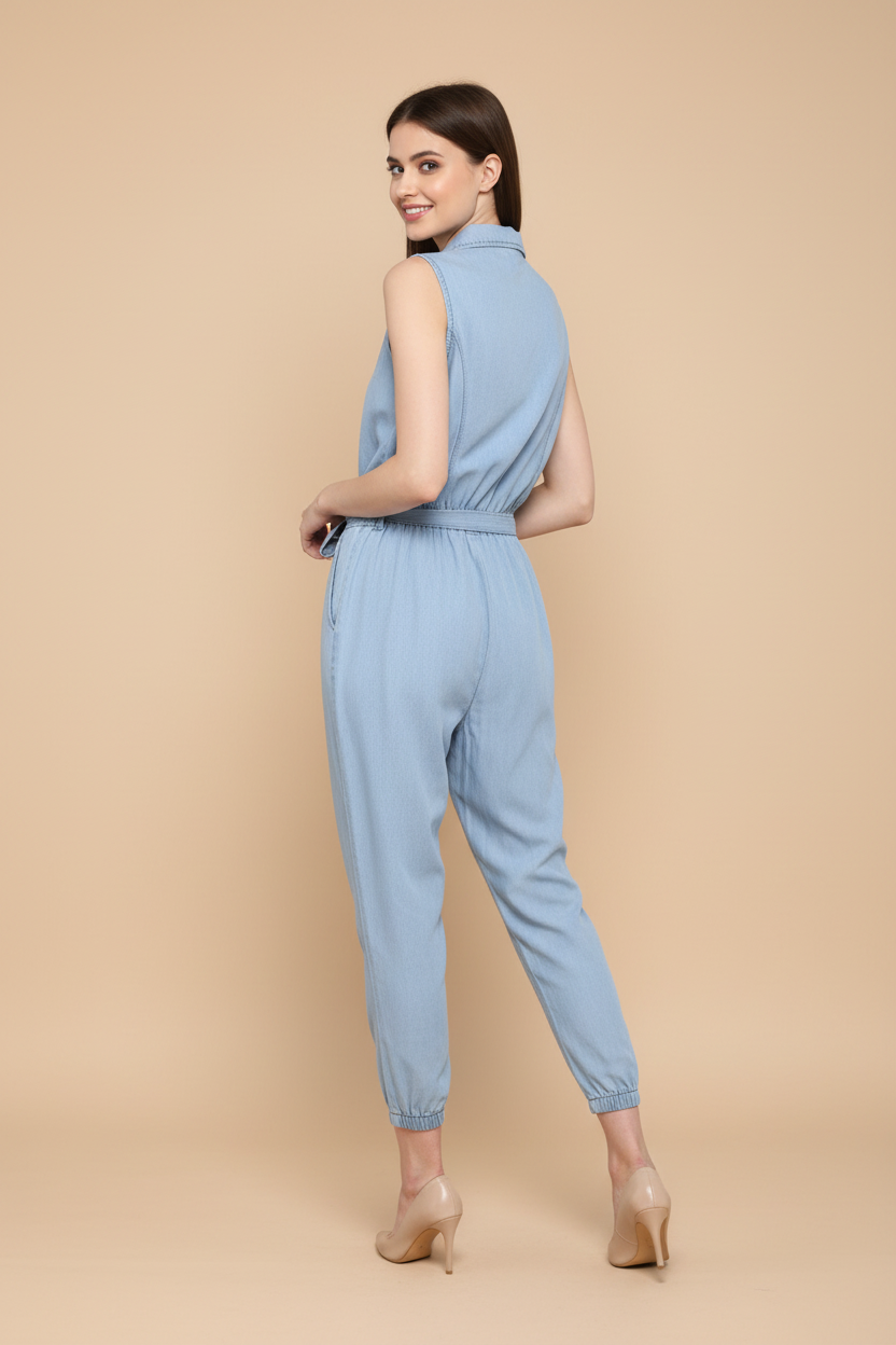 Snuggle Spot Women's Denim Solid Sleeveless Jumpsuit (Blue)