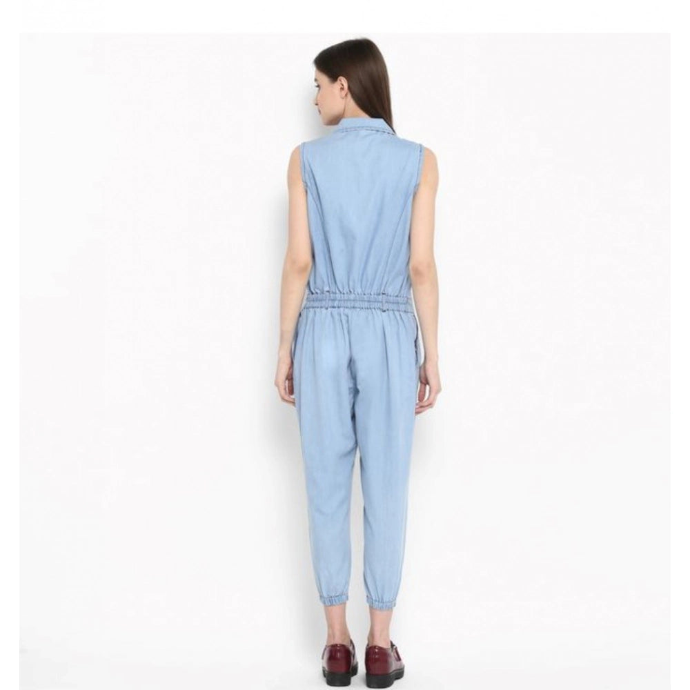 Snuggle Spot Women's Denim Solid Sleeveless Jumpsuit (Blue)