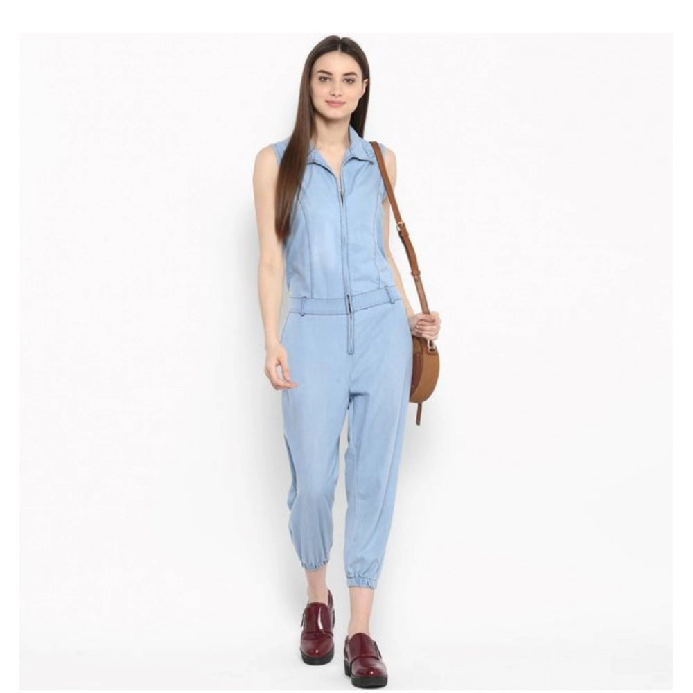 Snuggle Spot Women's Denim Solid Sleeveless Jumpsuit (Blue)