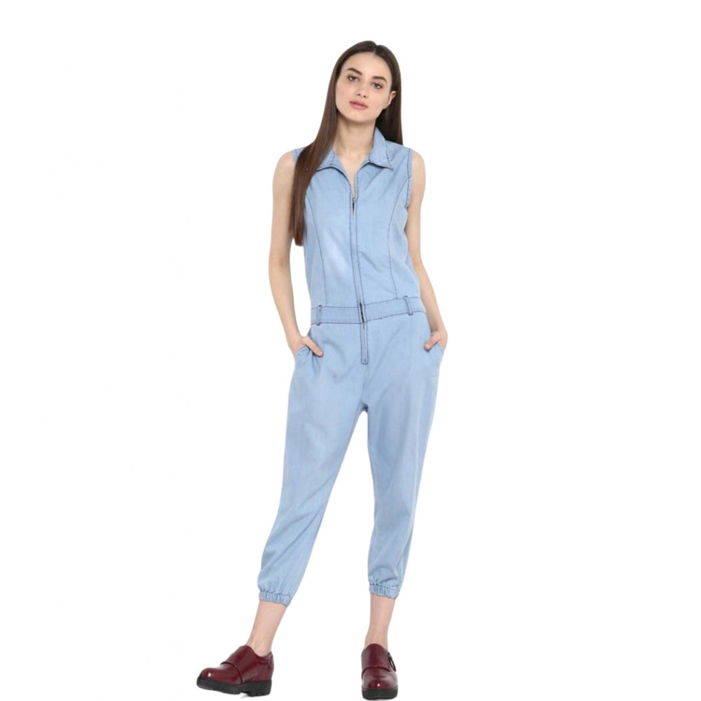 Snuggle Spot Women's Denim Solid Sleeveless Jumpsuit (Blue)