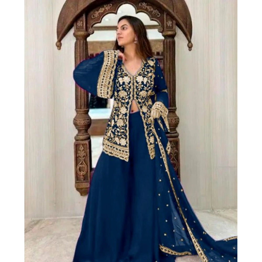 Snuggle Spot Women's Georgette Embroidery 3-4th Sleeve V-Neck Kurti, Palazzo And Dupatta Set (Morpich)
