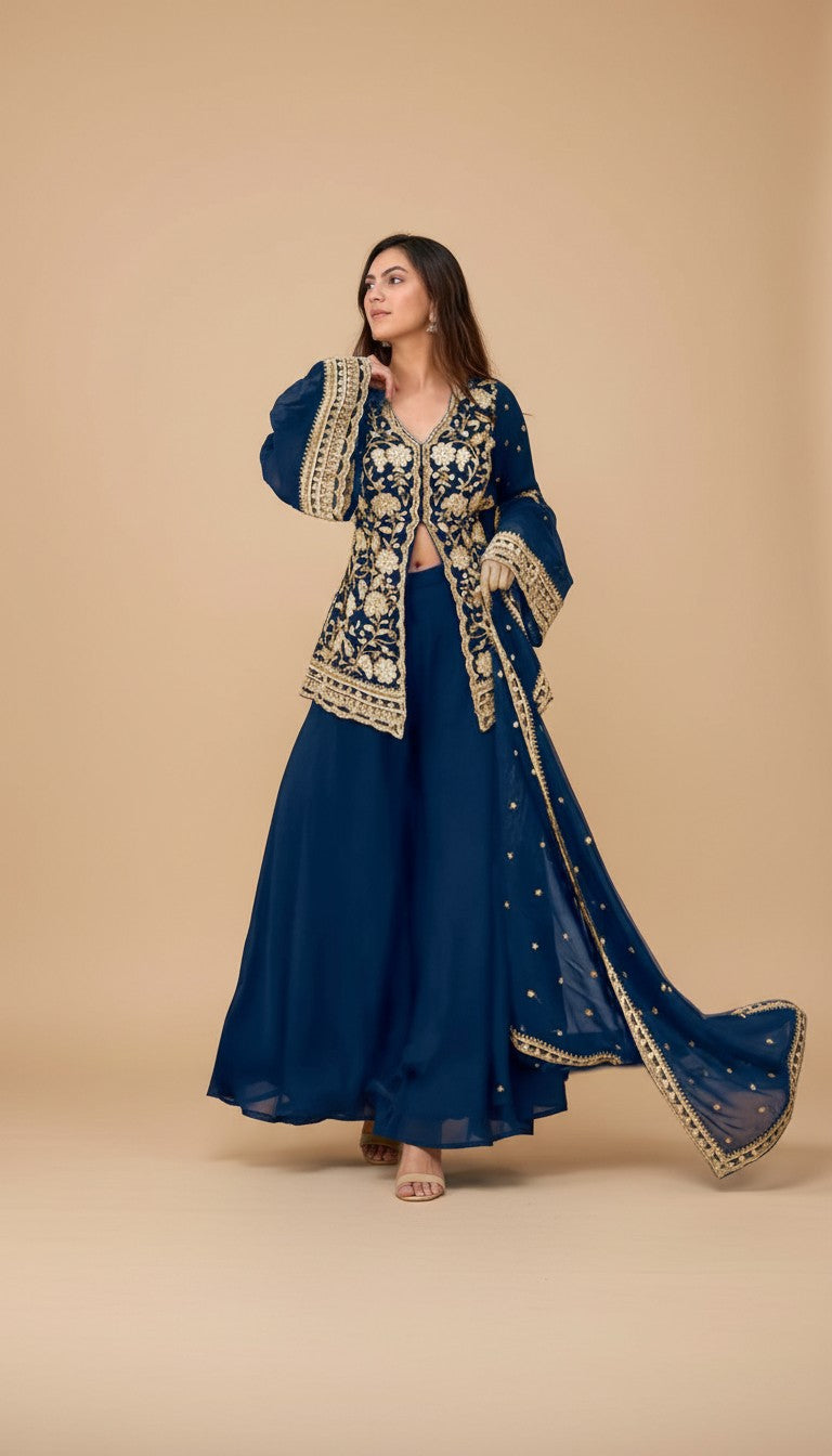 Snuggle Spot Women's Georgette Embroidery 3-4th Sleeve V-Neck Kurti, Palazzo And Dupatta Set (Morpich)