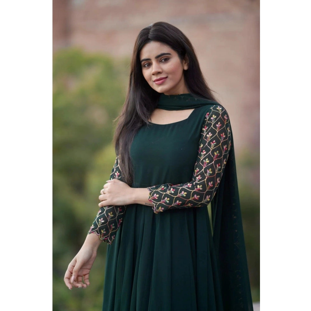 Snuggle Spot Women's Georgette Embroidery 3-4th Sleeve Round Neck Kurti with Dupatta Set (Green)