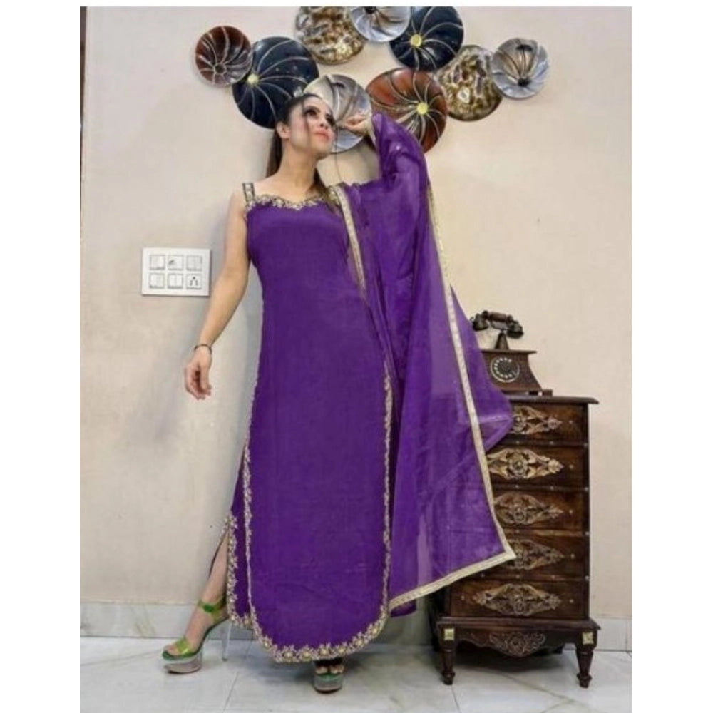 Snuggle Spot Women's Georgette Embroidery Sleeveless Round Neck Kurti, Palazzo And Dupatta Set (Purple)