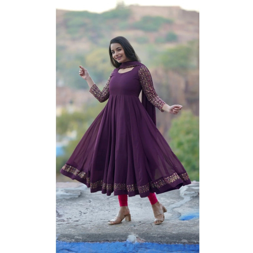 Snuggle Spot Women's Georgette Embroidery 3-4th Sleeve Round Neck Kurti with Dupatta Set (Wine)