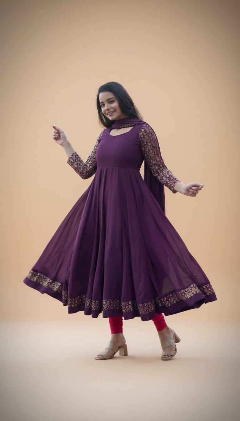 Snuggle Spot Women's Georgette Embroidery 3-4th Sleeve Round Neck Kurti with Dupatta Set (Wine)