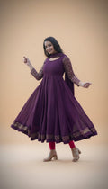 Snuggle Spot Women's Georgette Embroidery 3-4th Sleeve Round Neck Kurti with Dupatta Set (Wine)