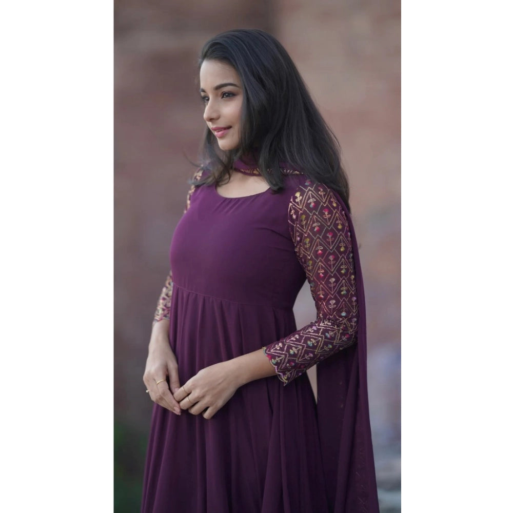 Snuggle Spot Women's Georgette Embroidery 3-4th Sleeve Round Neck Kurti with Dupatta Set (Wine)