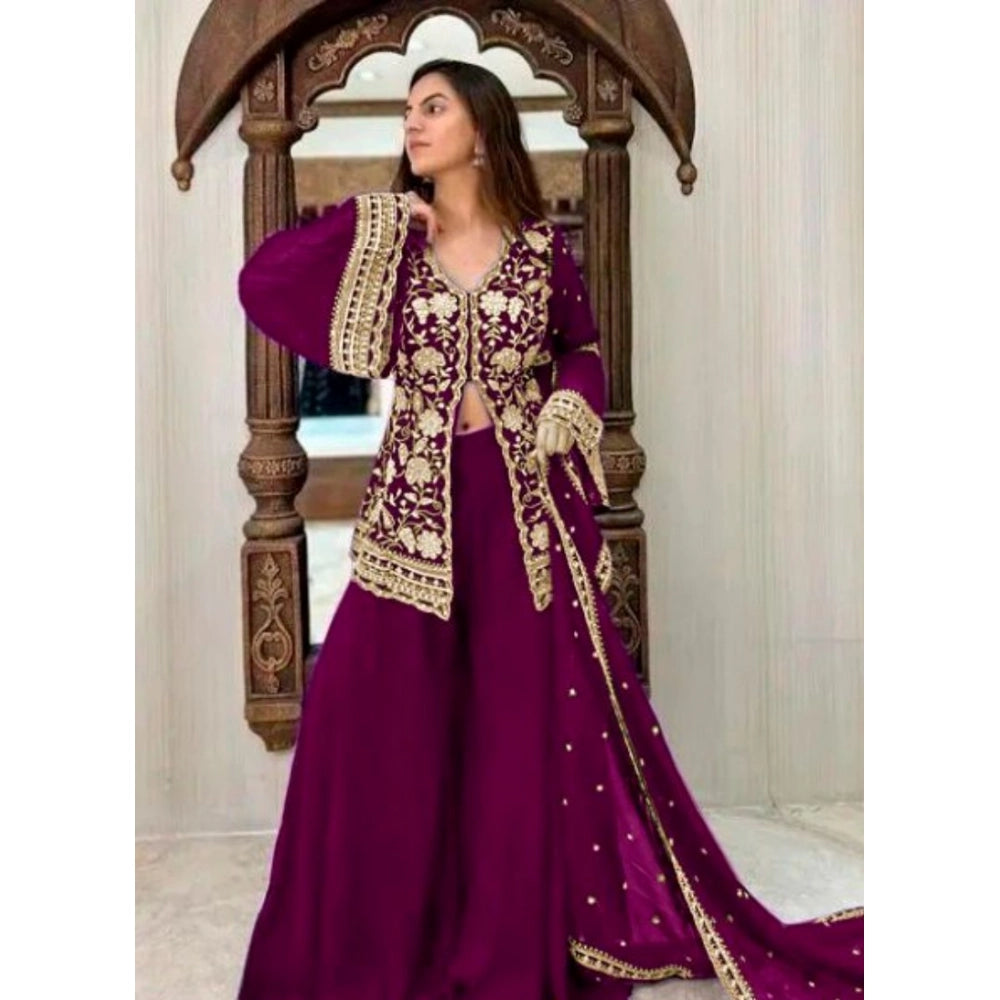Snuggle Spot Women's Georgette Embroidery 3-4th Sleeve V-Neck Kurti, Palazzo And Dupatta Set (Wine)