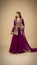 Snuggle Spot Women's Georgette Embroidery 3-4th Sleeve V-Neck Kurti, Palazzo And Dupatta Set (Wine)