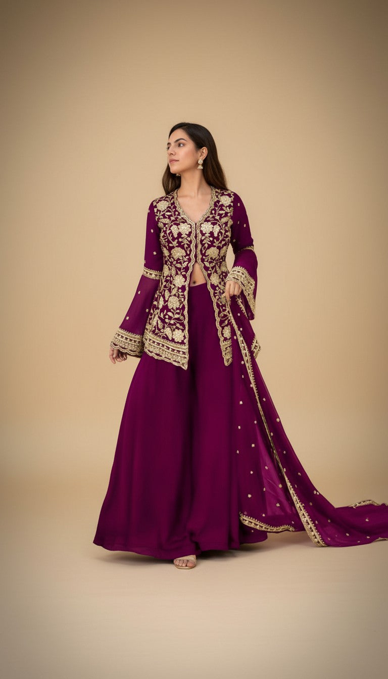 Snuggle Spot Women's Georgette Embroidery 3-4th Sleeve V-Neck Kurti, Palazzo And Dupatta Set (Wine)