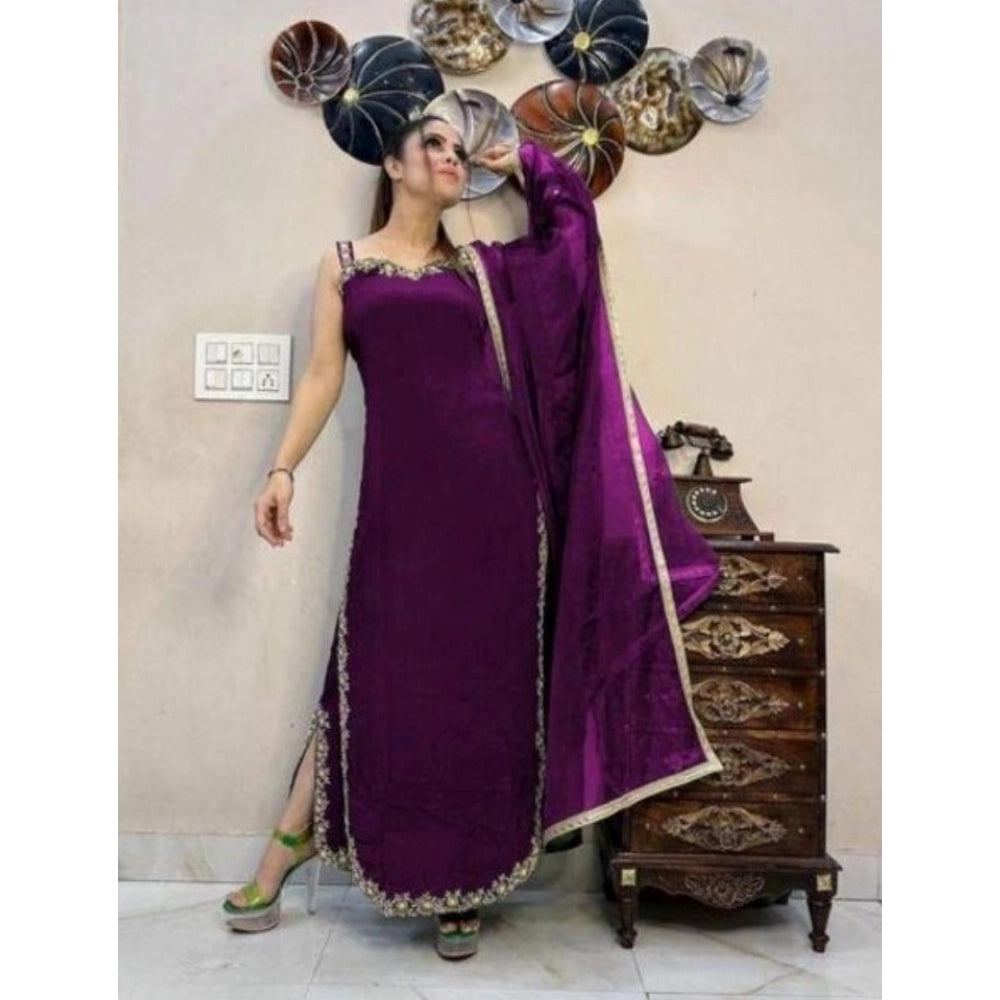 Snuggle Spot Women's Georgette Embroidery Sleeveless Round Neck Kurti, Palazzo And Dupatta Set (Wine)