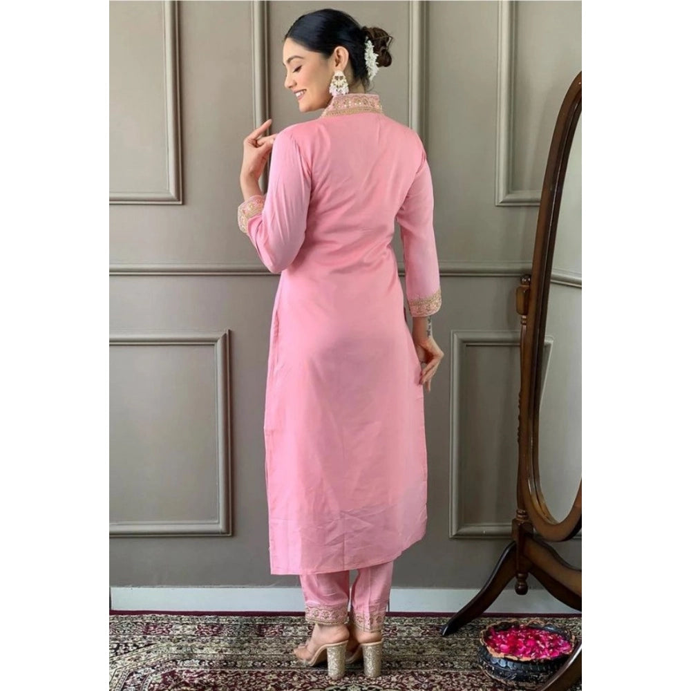 Snuggle Spot Women's Roman Silk Embroidery 3-4th Sleeve V-Neck Kurti With Pant Dupatta Set (Pink)
