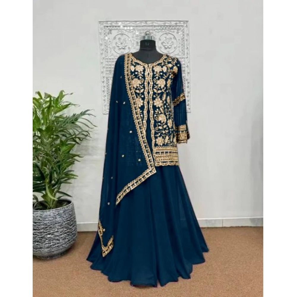 Snuggle Spot Women's Georgette Embroidery 3-4th Sleeve V-Neck Kurti, Palazzo And Dupatta Set (Morpich)