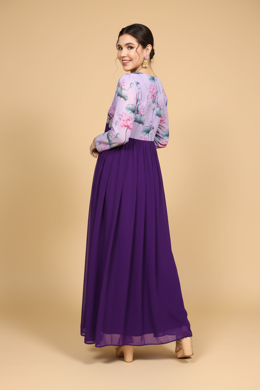 Snuggle Spot Women's Georgette Embroidery 3-4th Sleeve V-Neck Kurti (Purple)
