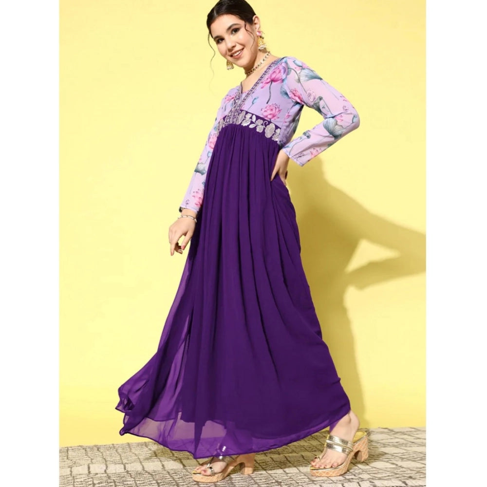 Snuggle Spot Women's Georgette Embroidery 3-4th Sleeve V-Neck Kurti (Purple)