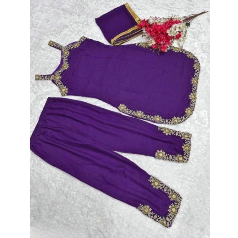 Snuggle Spot Women's Georgette Embroidery Sleeveless Round Neck Kurti, Palazzo And Dupatta Set (Purple)