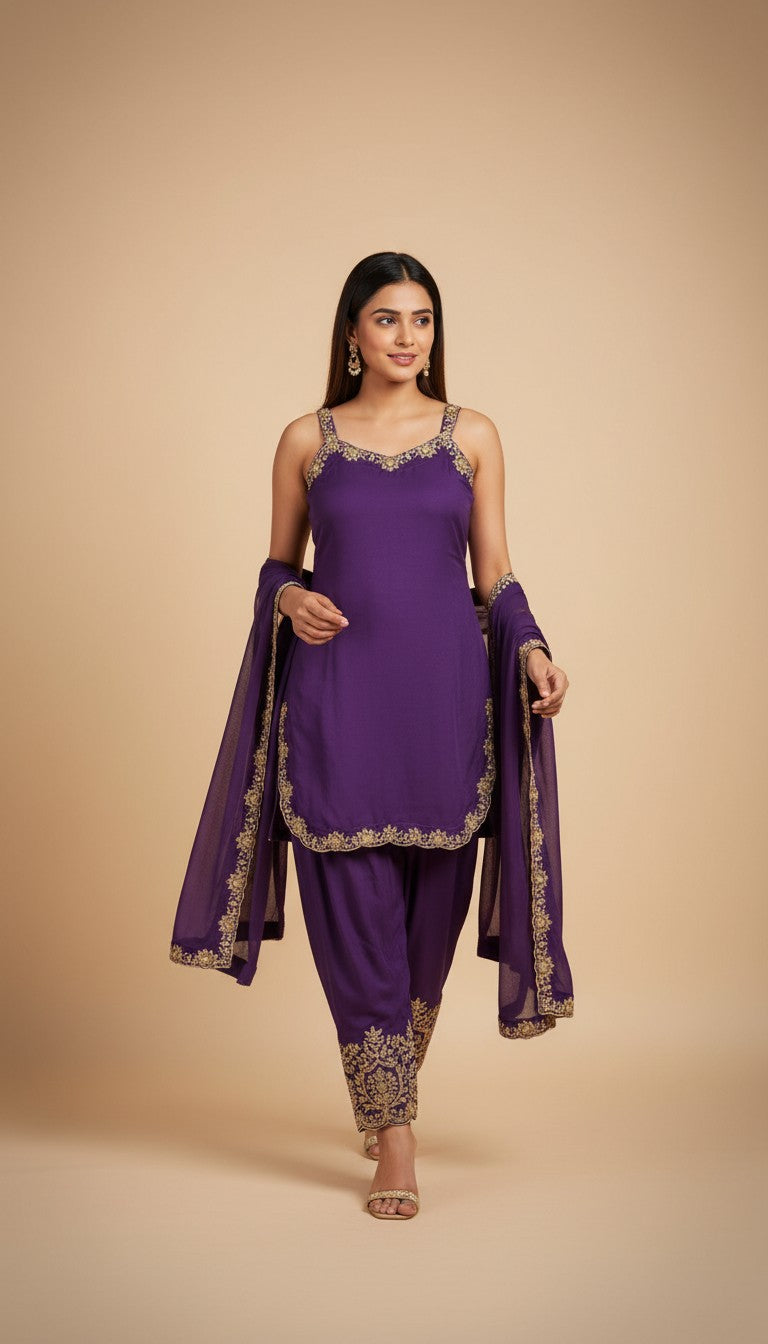 Snuggle Spot Women's Georgette Embroidery Sleeveless Round Neck Kurti, Palazzo And Dupatta Set (Purple)