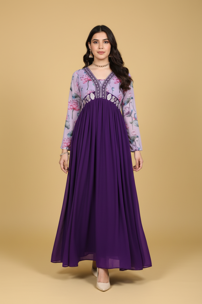 Snuggle Spot Women's Georgette Embroidery 3-4th Sleeve V-Neck Kurti (Purple)