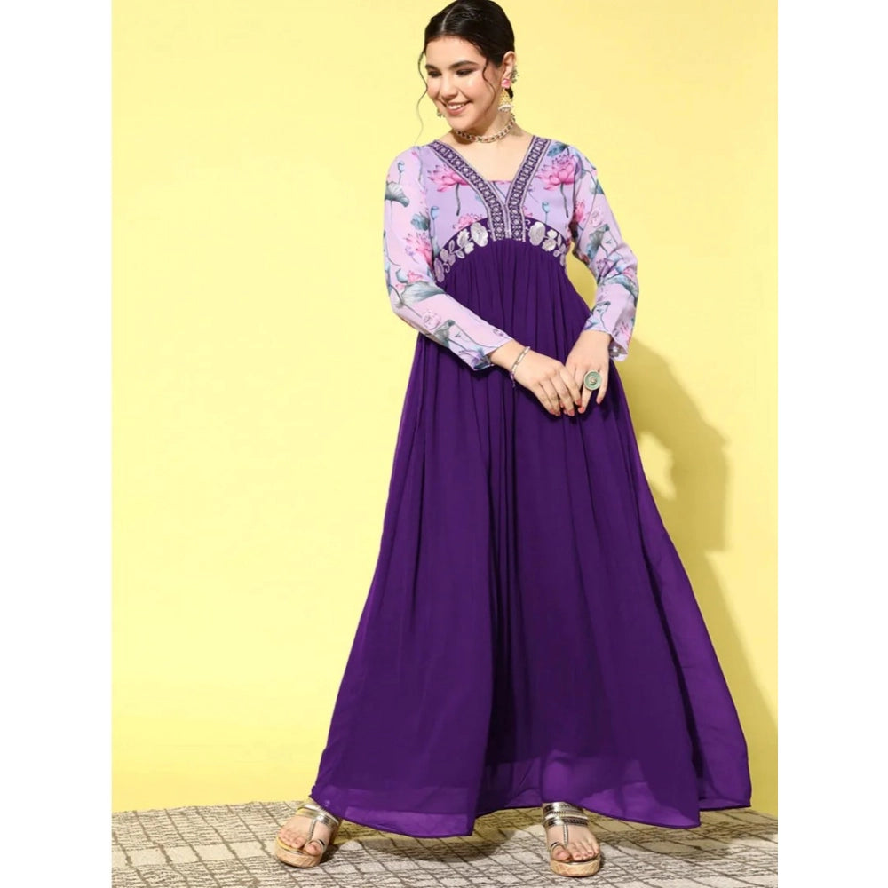 Snuggle Spot Women's Georgette Embroidery 3-4th Sleeve V-Neck Kurti (Purple)