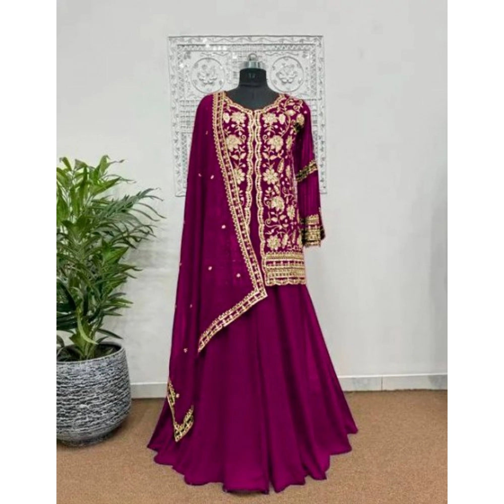 Snuggle Spot Women's Georgette Embroidery 3-4th Sleeve V-Neck Kurti, Palazzo And Dupatta Set (Wine)
